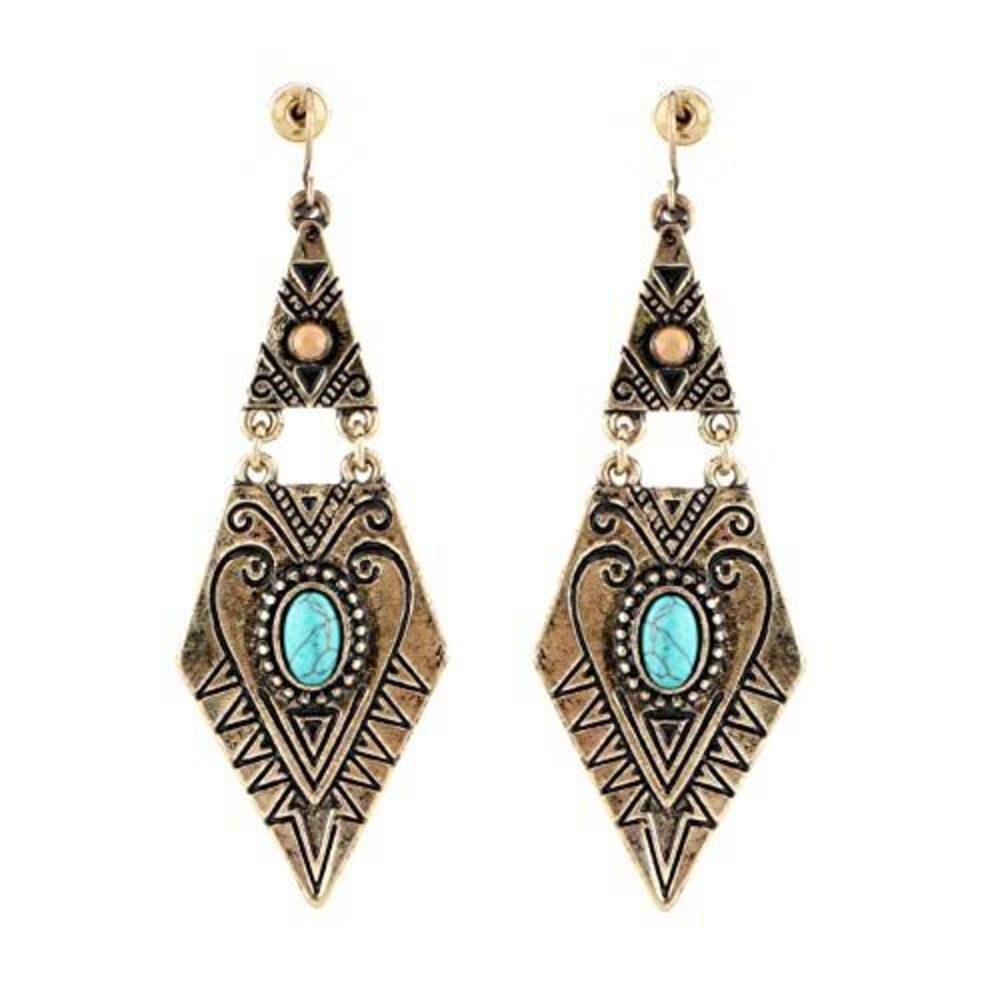 4867 Boho Vintage Simulated Turquoise Drop Dangle Earrings, Red/Green, Zinc